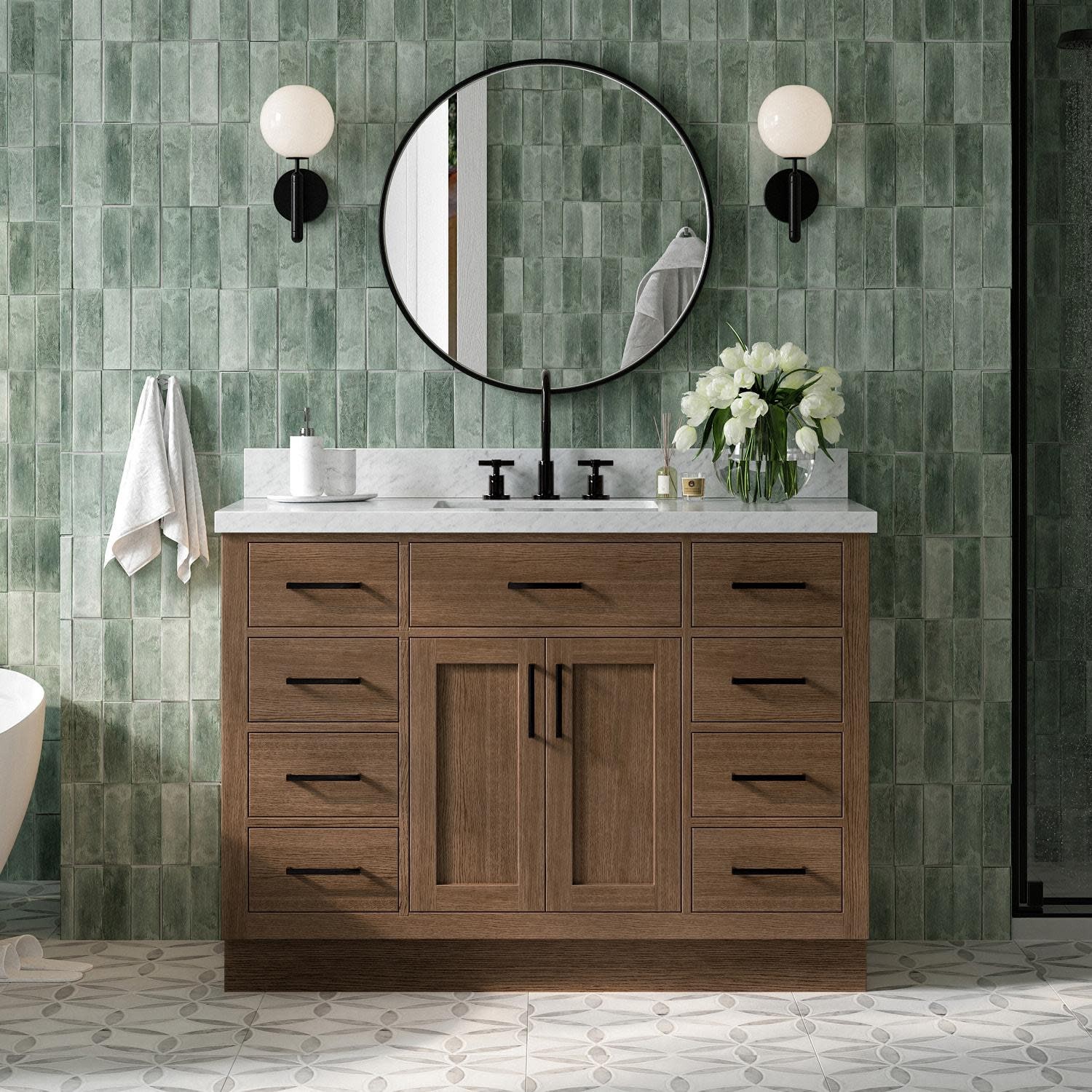 Ariel T049SCWRVO Hepburn 49″ – Black / Italian Carrara Marble Top / Satin Brass
