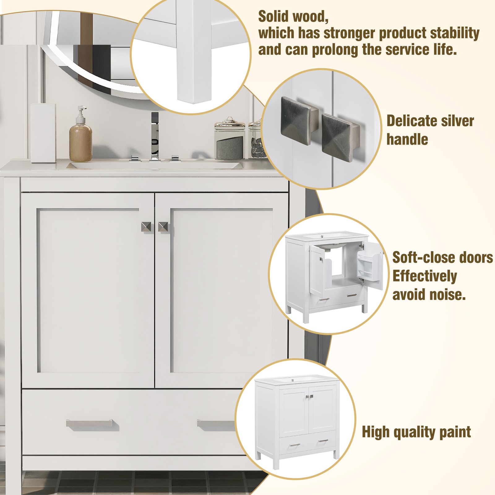 30″ White Bathroom Vanity with Single Sink & Soft Close Doors