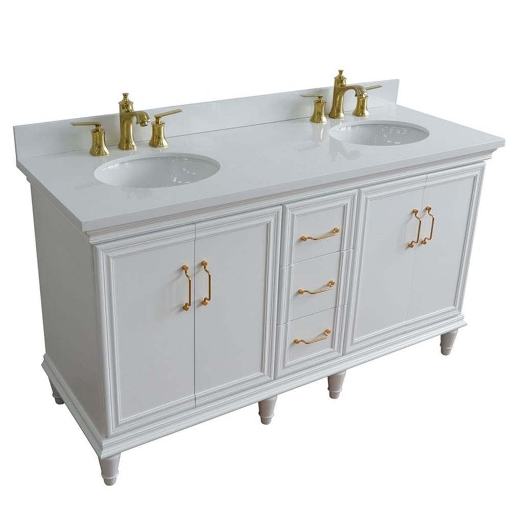 61 in. Double Wooden Vanity White White Quartz Oval Sink