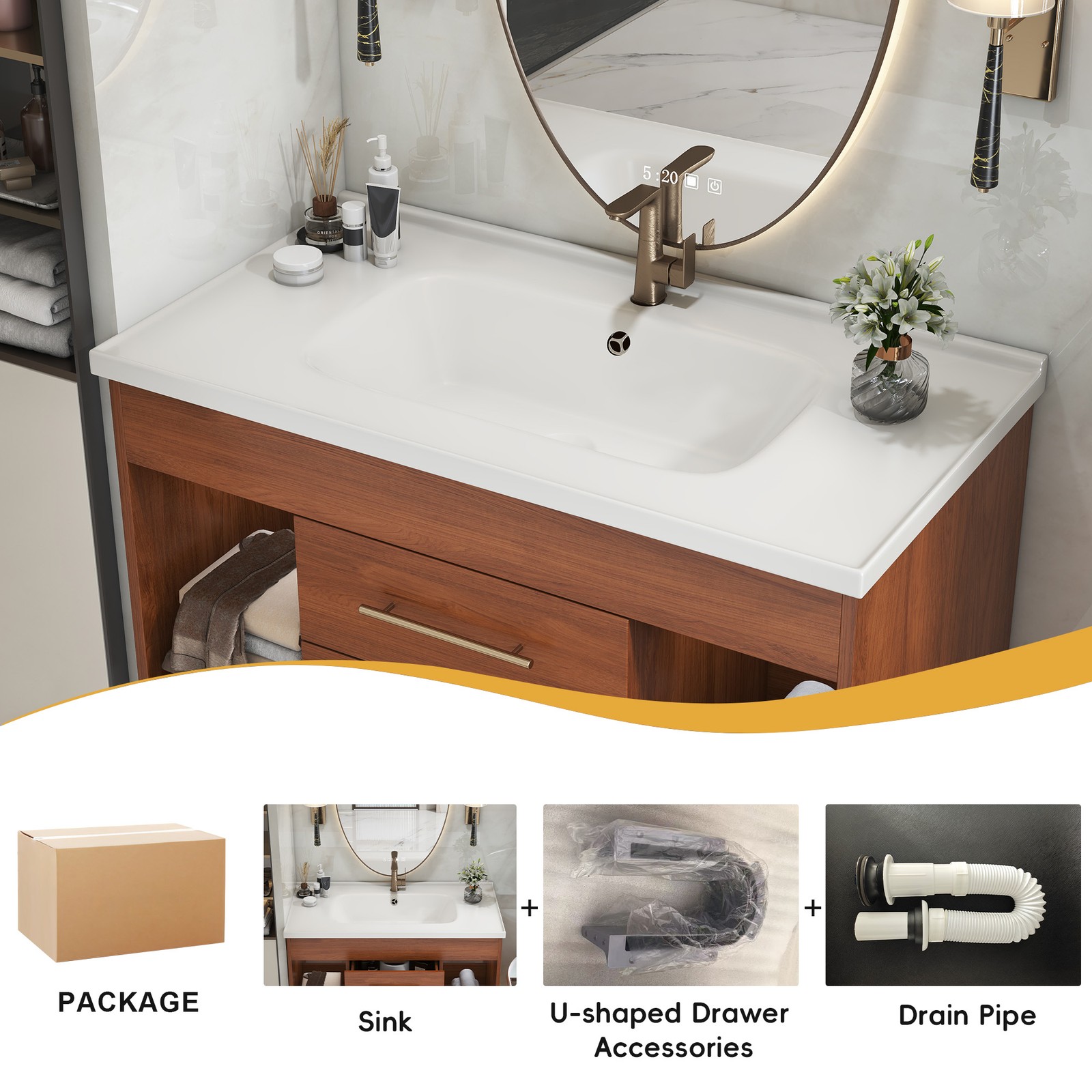 35.4″ Mid-Century Modern Bathroom Vanity with Ceramic Sink White Walnut