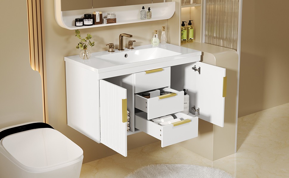 36″ Floating Bathroom Vanity Cabinet with 2 Drawers, Solid Wood, White