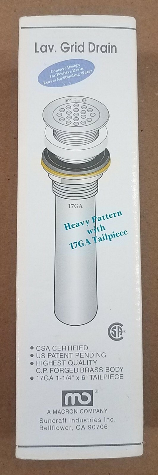 Lavatory Grid Drain No Overflow Holes By Macron Brass 17GA 1-1/4″X6″ Tail Piece