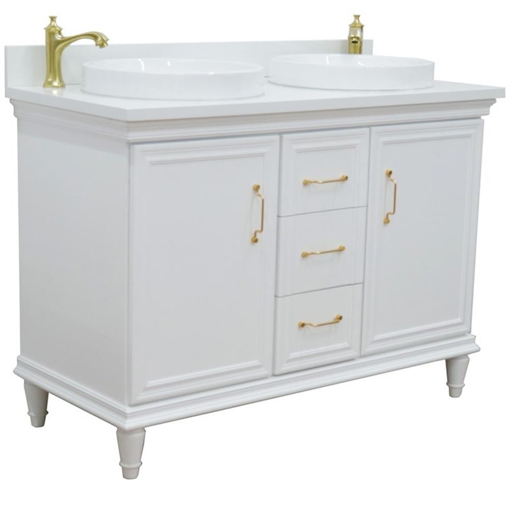 49 in. Double Wooden Vanity White with White Quartz Round Sink