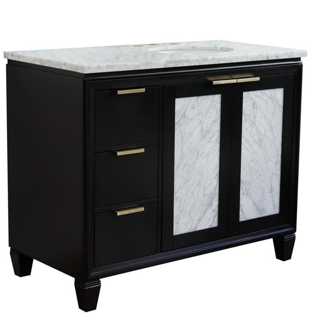 Pemberly Row Solid Wood Vanity with Right Oval Sink in Blue/White Carrara