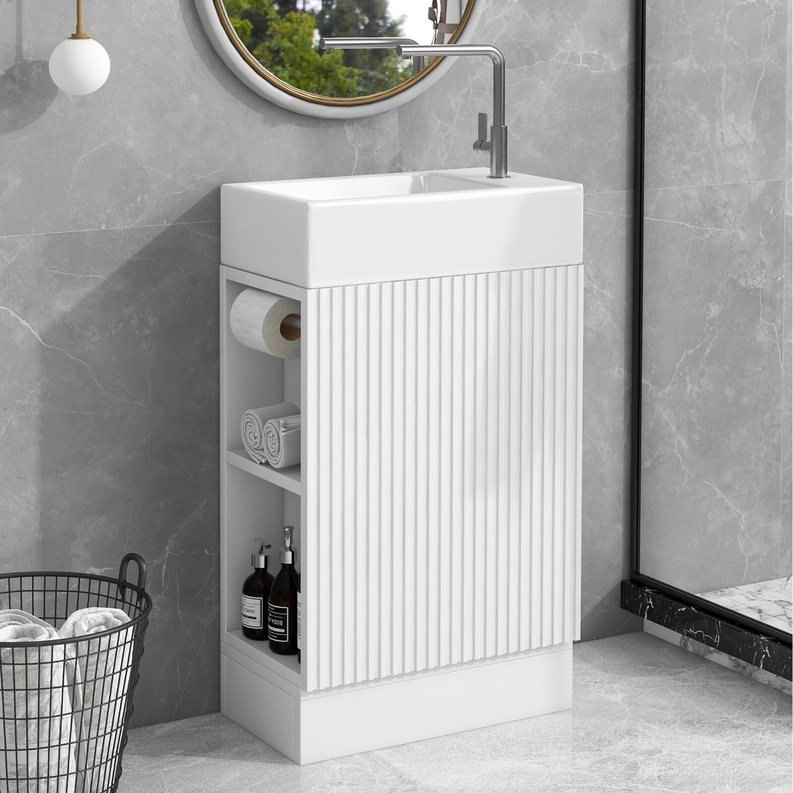 Wooden 18.6″ Bathroom Vanity Cabinet with Ceramic Sink Storage Shelf Tissue Rack