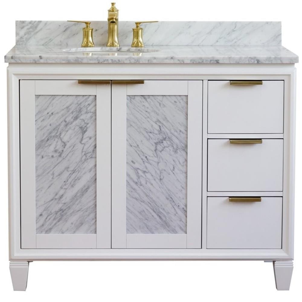 Pemberly Row Solid Wood Vanity with Left Oval Sink in White/White Carrara