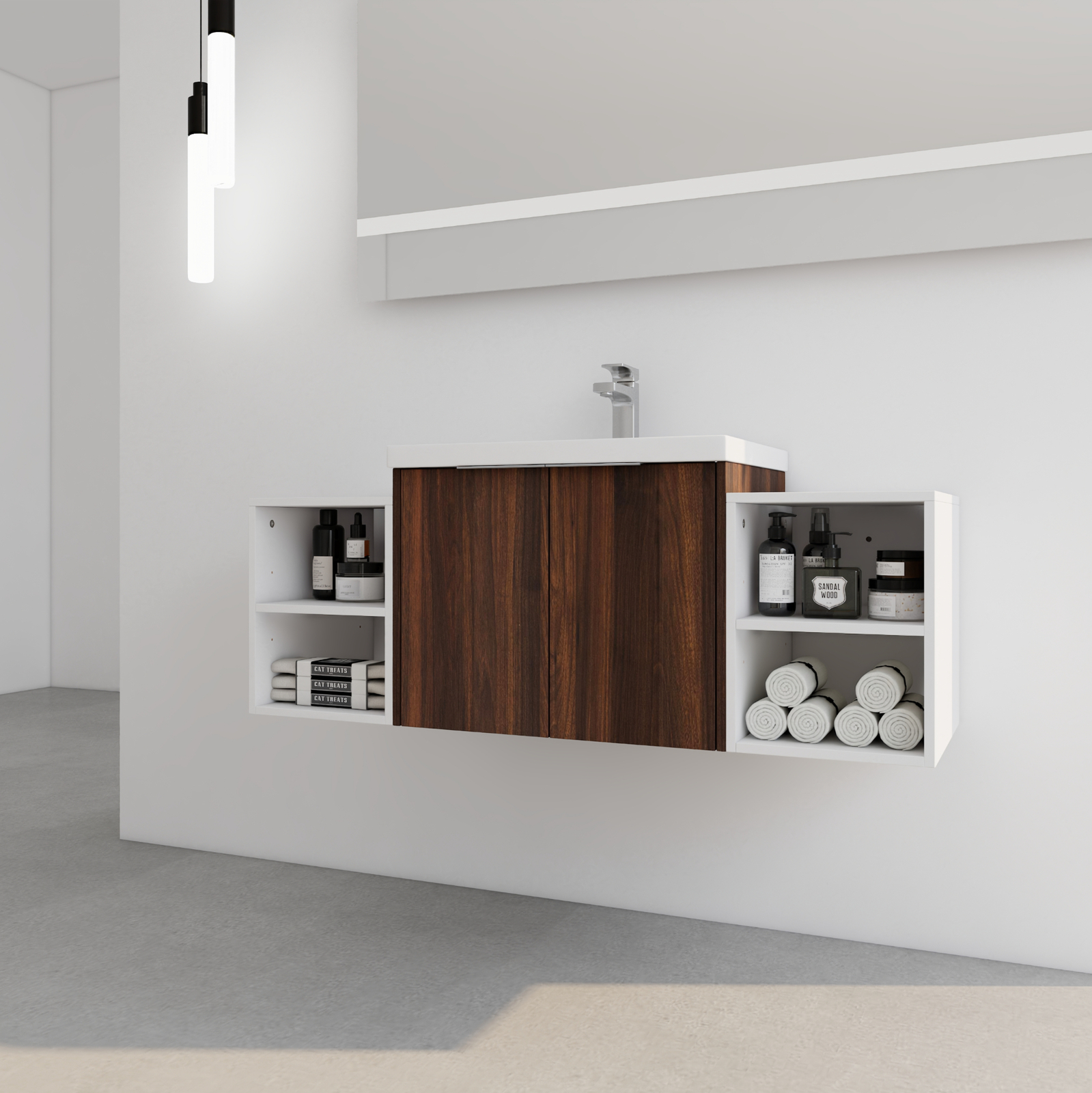 24″Bathroom Vanity Cabinet With Resin Sink + Two 12″Small Storage Shelves Walnut