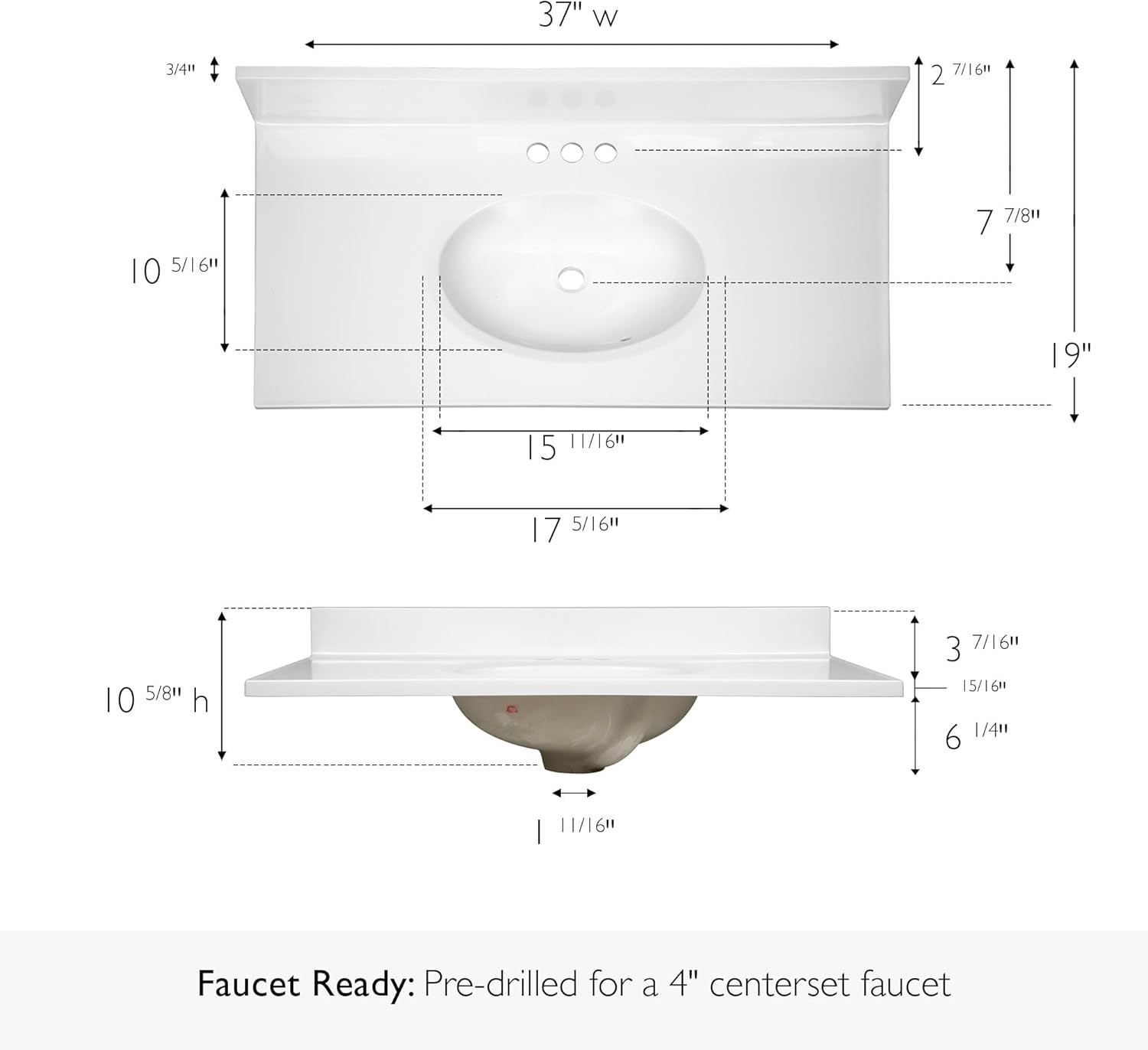 37-Inch Bathroom Vanity Top – Solid White