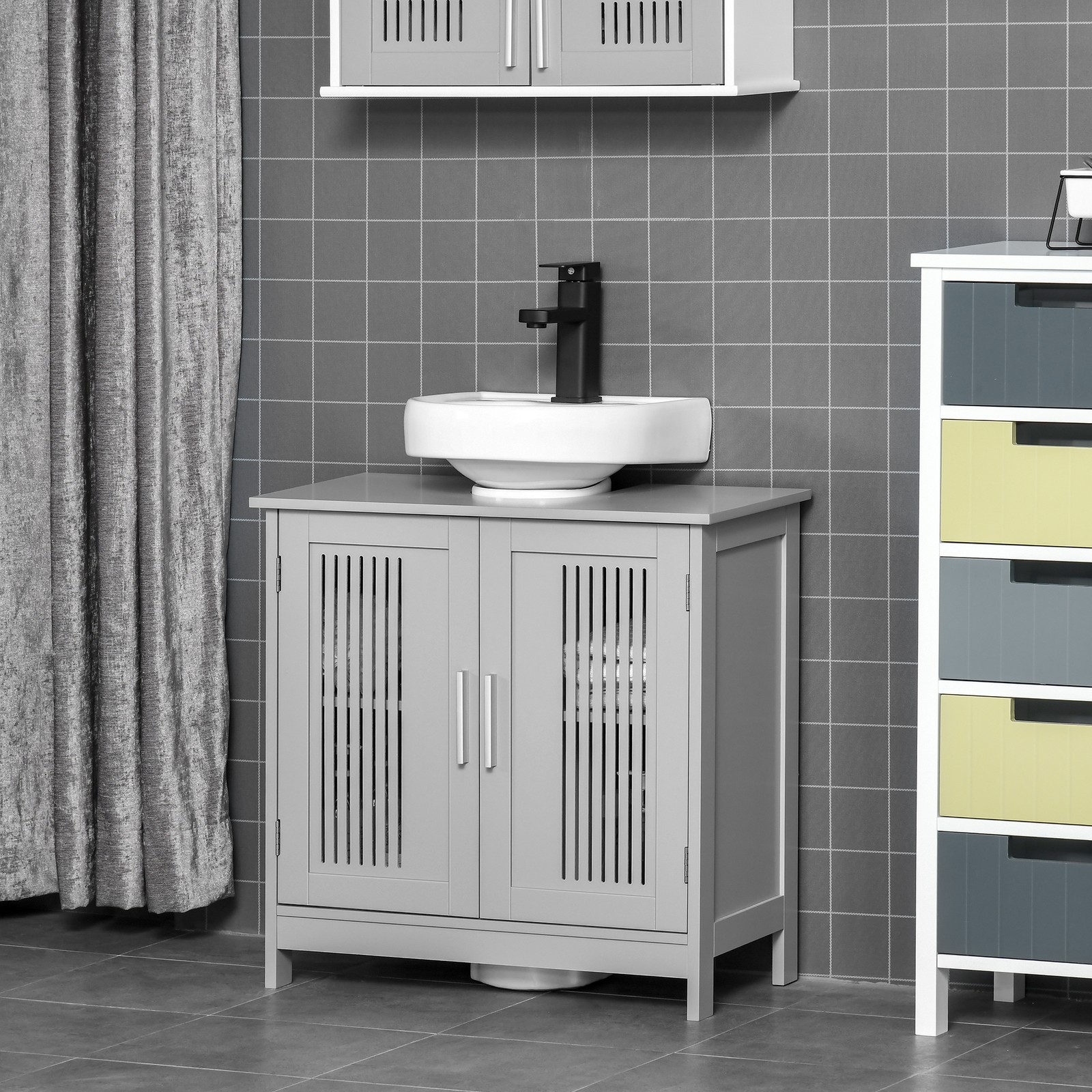 Bathroom Under Sink Cabinet Vanity Unit w/ Shelves, Grey, Used