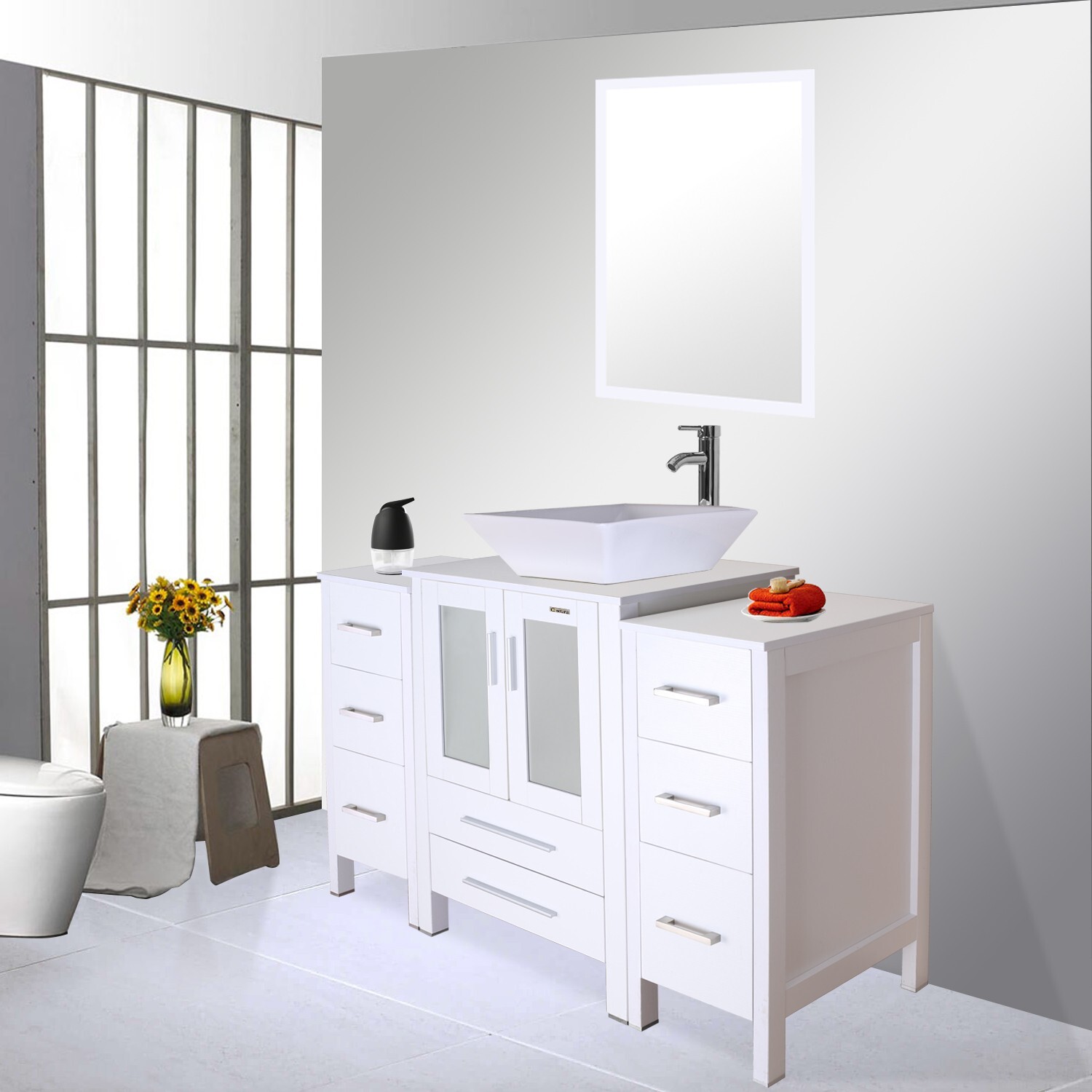48 inch White Bathroom Vanity Set W/ White Ceramic Sink Faucet Small Side table