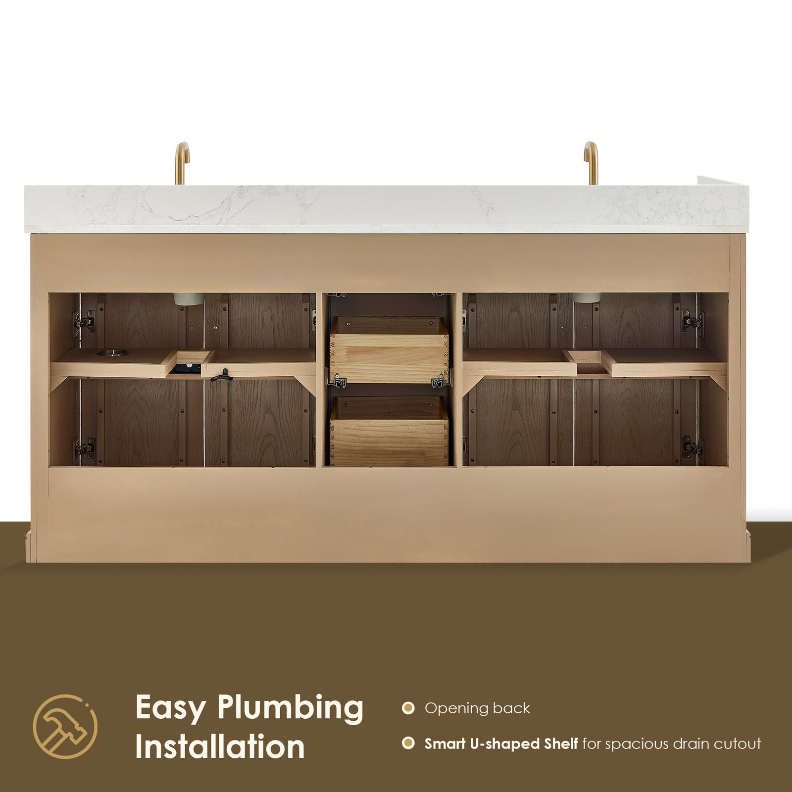 Barnett 72″ Wood Vanity in Natural Oak with White Engineered Stone Top No Mirror
