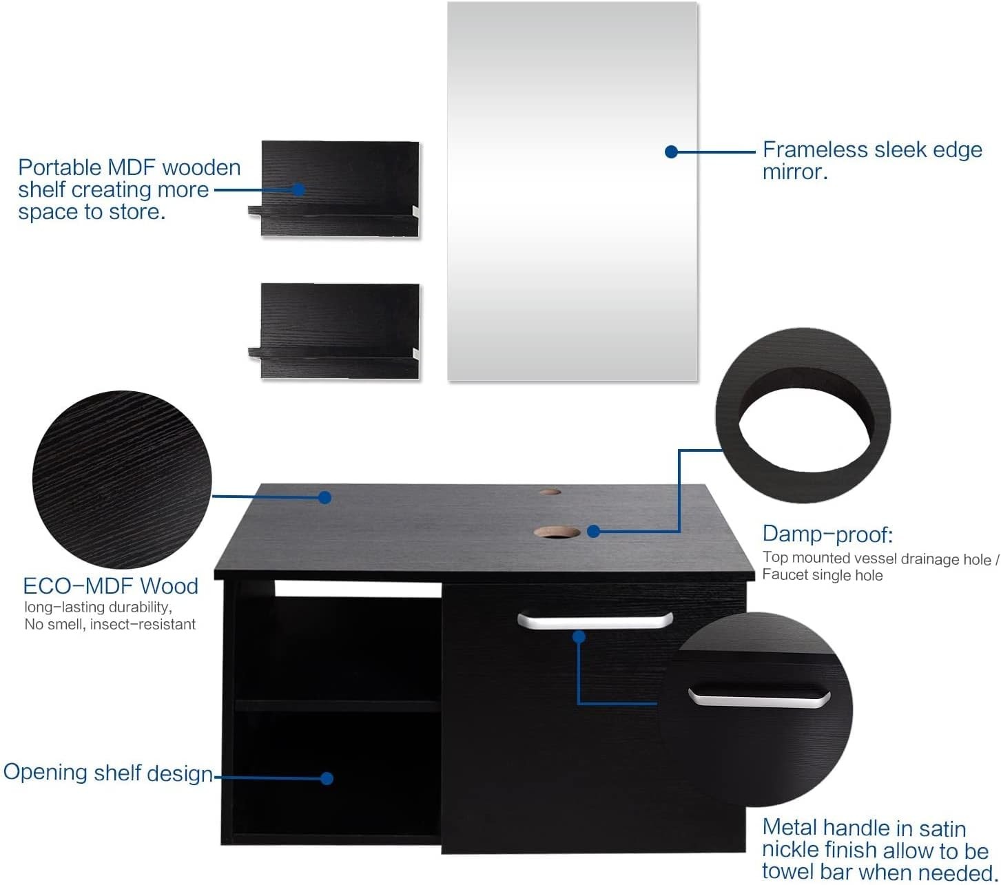 28 in Single Sink Vanity Floating Bathroom Cabinet with Glass Vessel Sink Combo