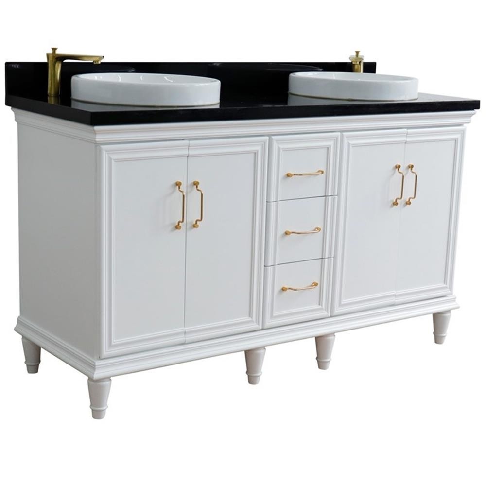 61 in. Double Wooden Vanity White Black Galaxy Granite Round Sink