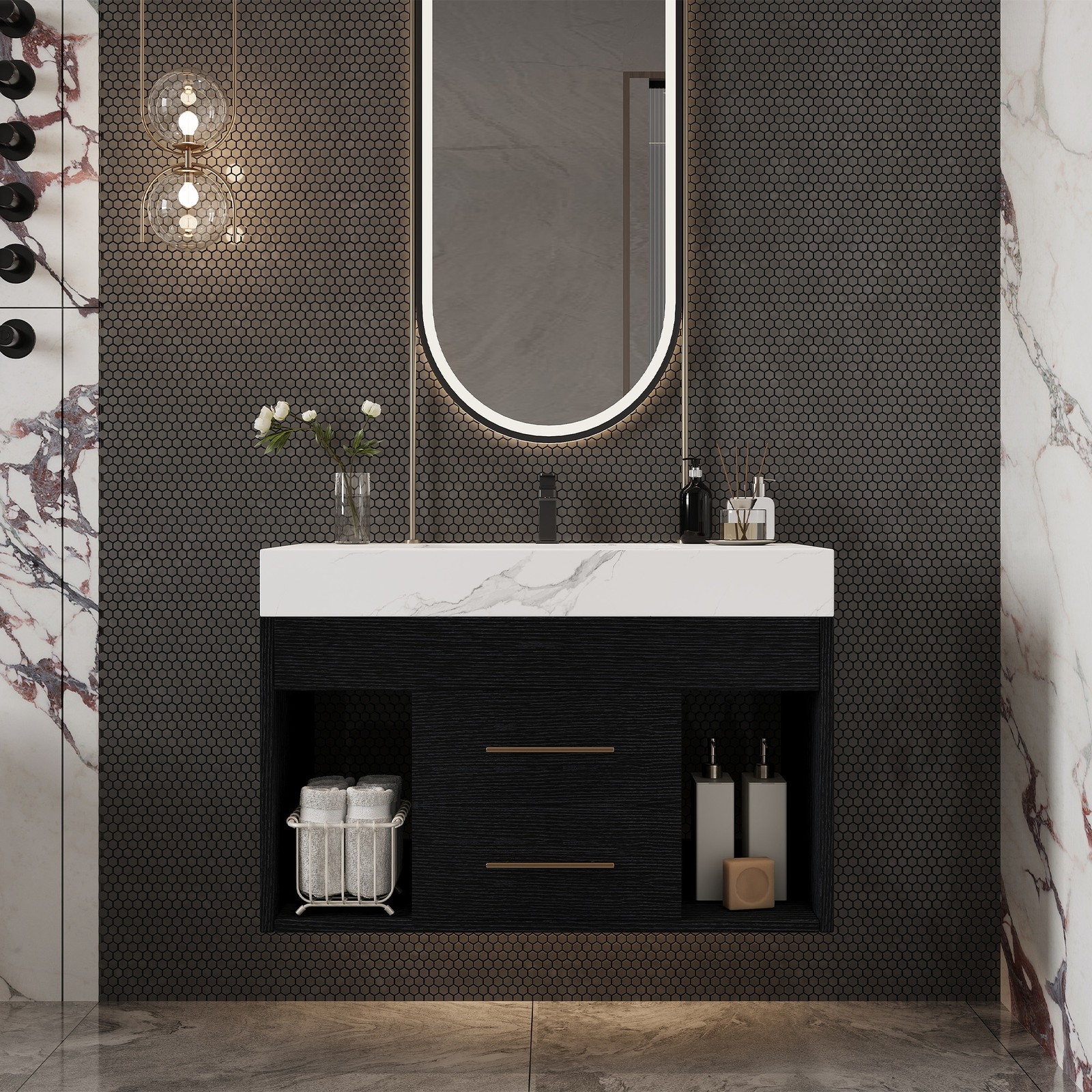 Modern Floating Bathroom Vanity Sintered Stone Top Ceramic Undermount Sink 29.9″