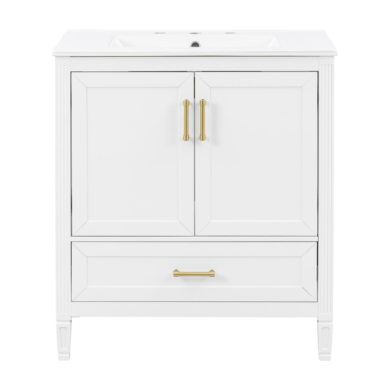 30″ White Fluted Bathroom Vanity with Ceramic Sink, Soft-Close