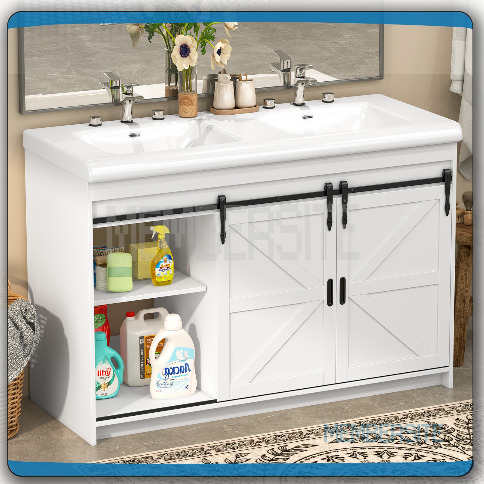 Bathroom Vanity Cabinet w/2 Ceramic Sink Combo 2 Sliding Door 47.3″ Vanity White