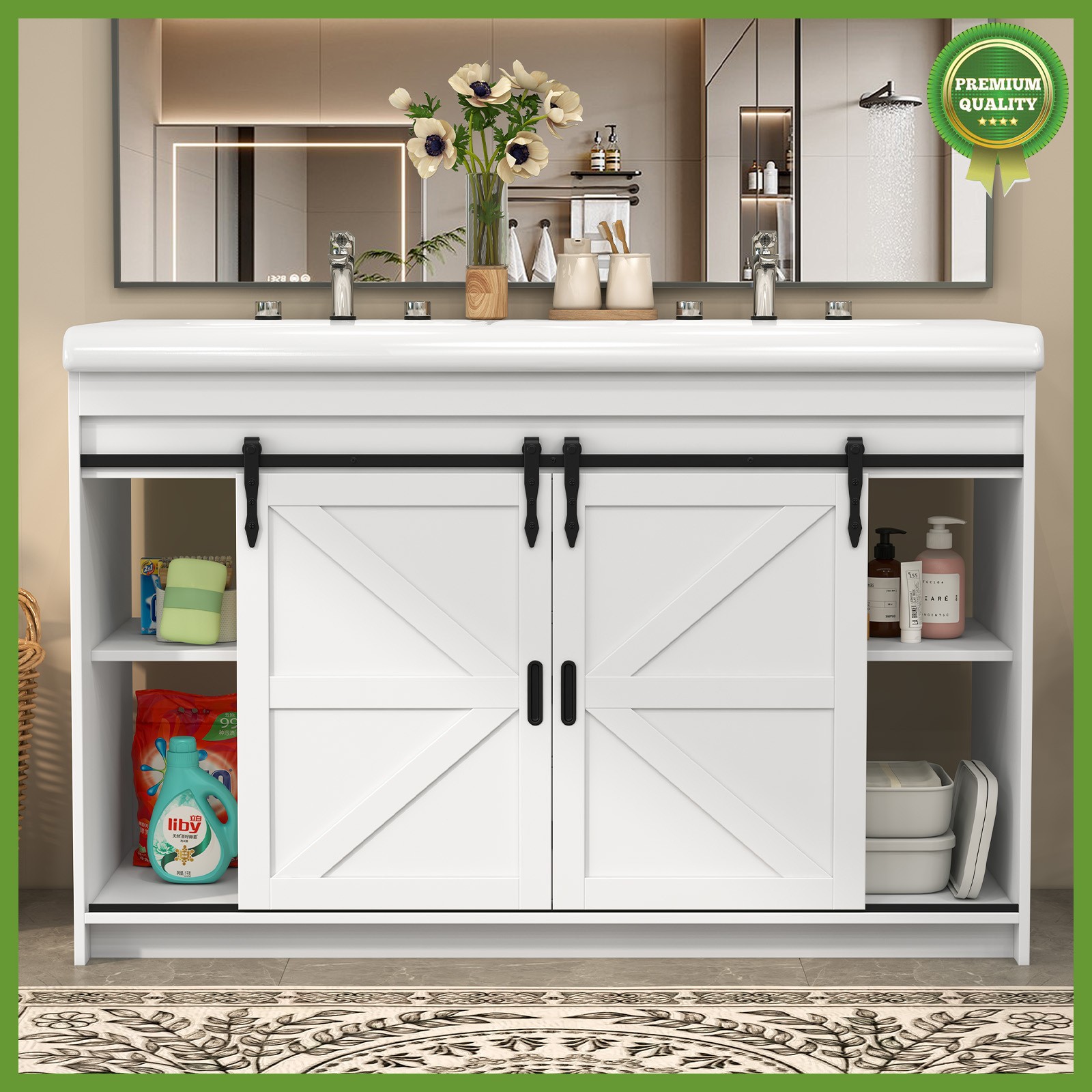 47” Bathroom Vanity w/ 2 Basin Sink Bathroom Cabinet with 3 Drawers Storage Set