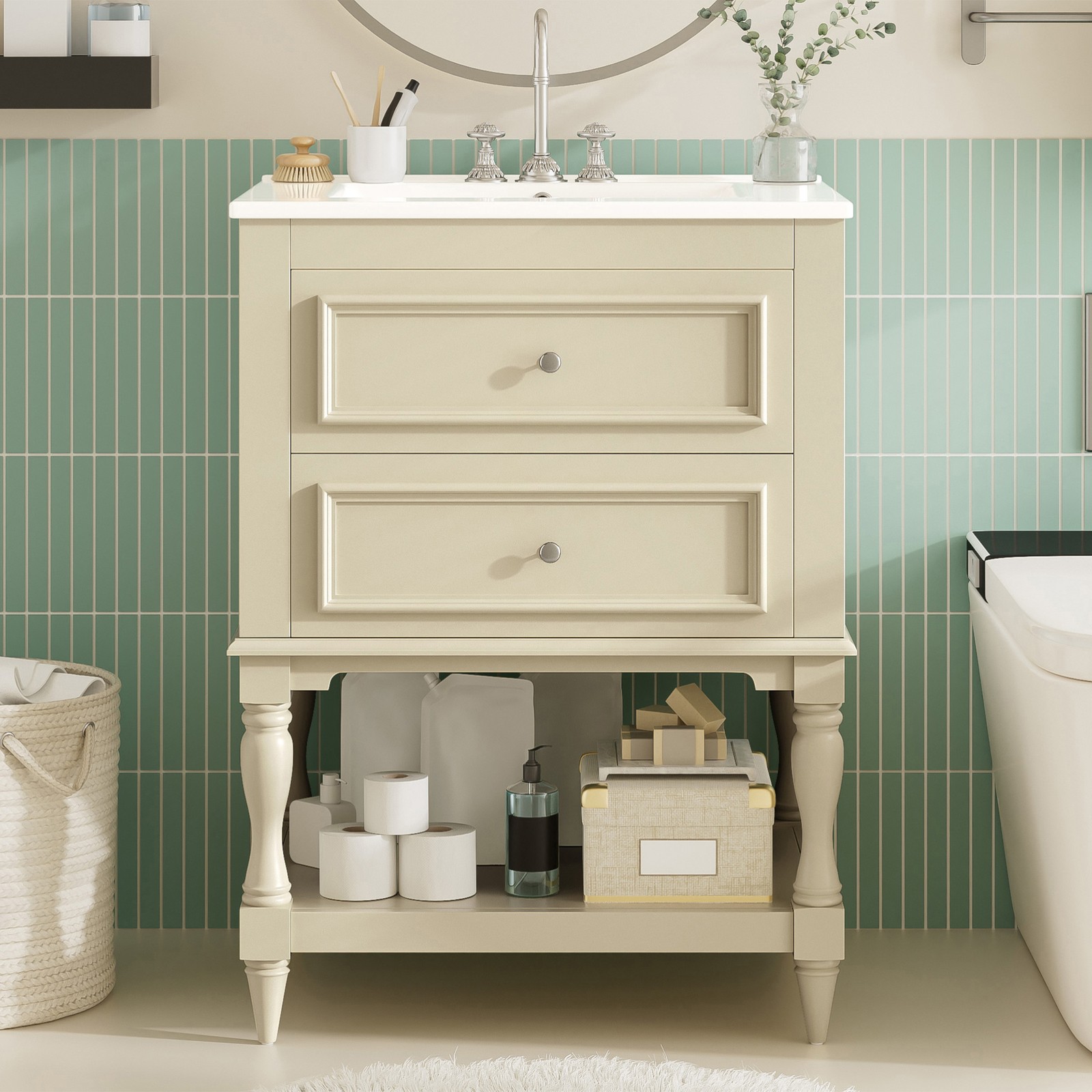 FUNIDEE 24″ Bathroom Vanity with Ceramic Sink Storage Cabinet w/ 2 Drawers Beige