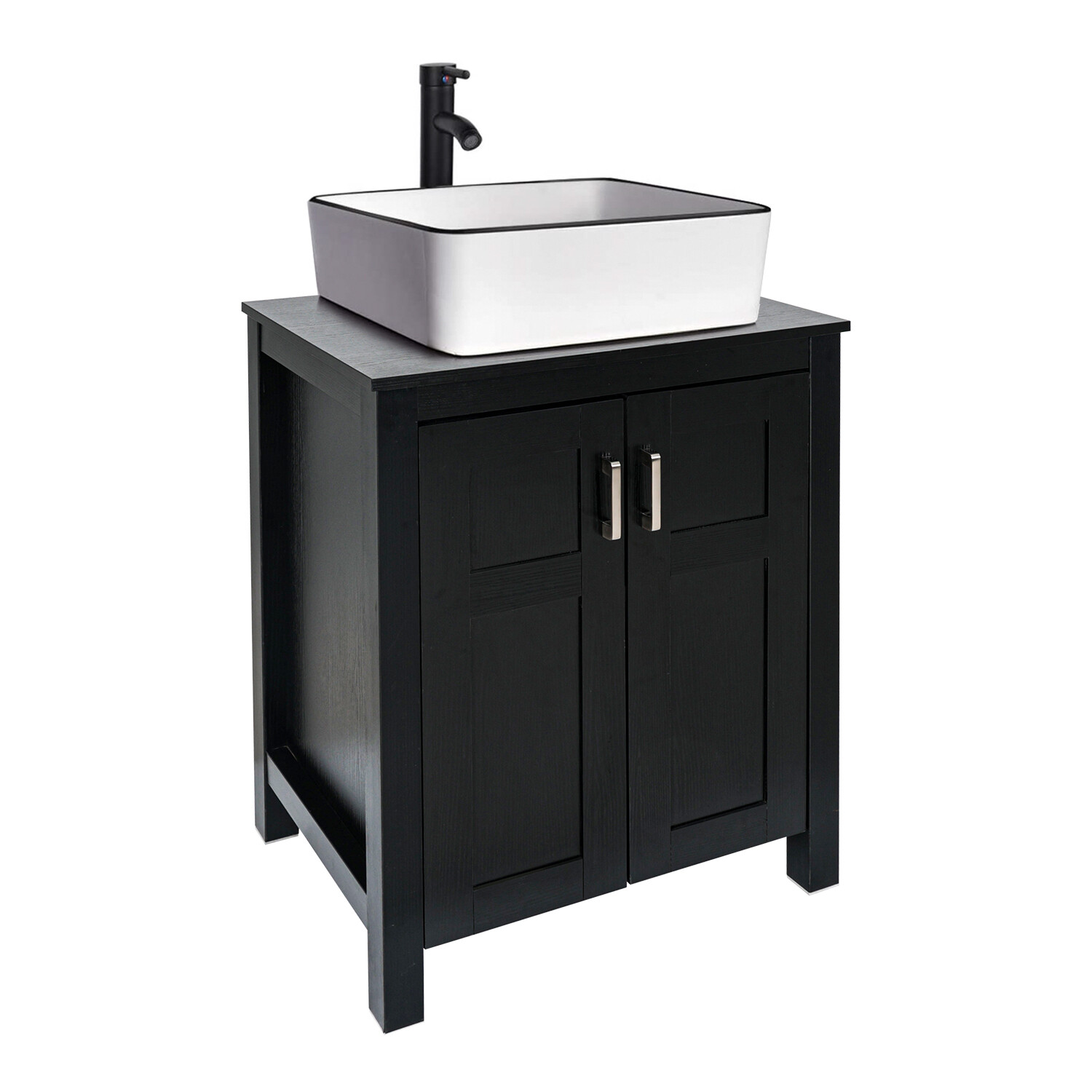 Bathroom Vanity Cabinet With Drawers Mirror Vessel Sink ORB Faucet Set Combo B&W