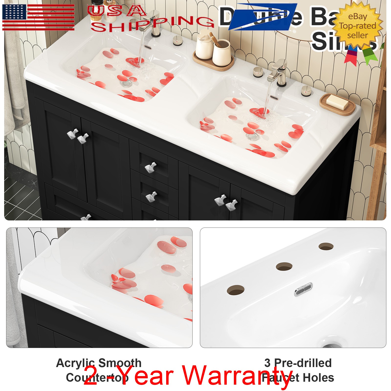 47in Large Freestanding Bathroom Cabinet with Double Sink Black Vanity Cabinet