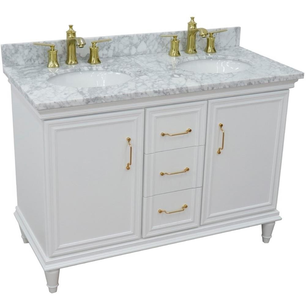 49 in. Double Wooden Vanity White with White Carrara Oval Sink