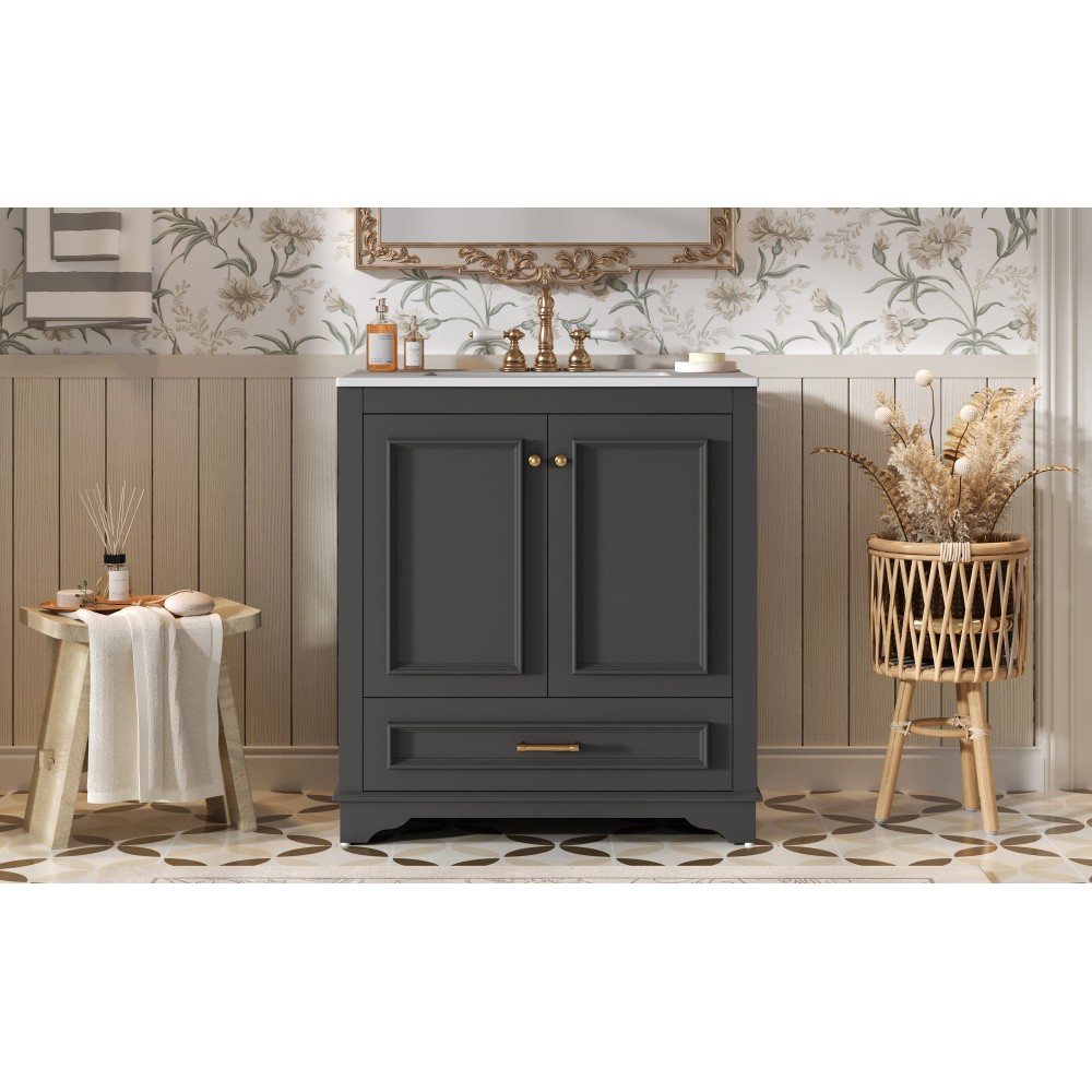 30″ Solid Wood Bathroom Vanity w/Ceramic Sink,2 Soft Close Doors,Storage Cabinet