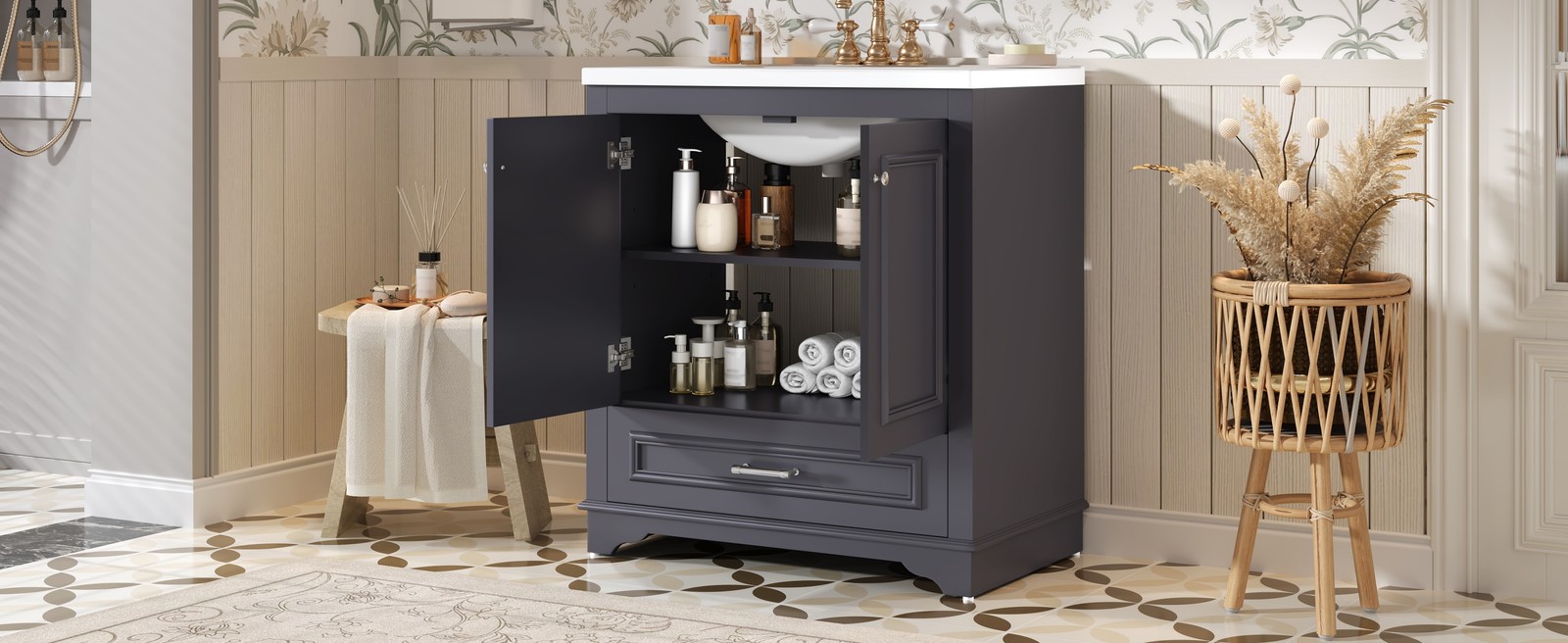 30.5″ Bathroom Vanity with Ceramic Sink, 2 Soft Close Doors, Solid Wood Frame