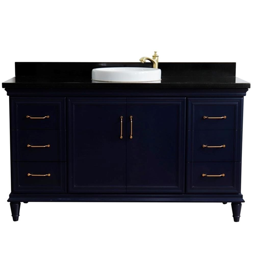 61 in. Single Wooden Vanity Blue Black Galaxy Granite Round Sink