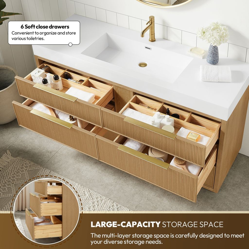 Hohhot 60″ Single Bath Vanity in Washed Ash Grey with White Stone Top