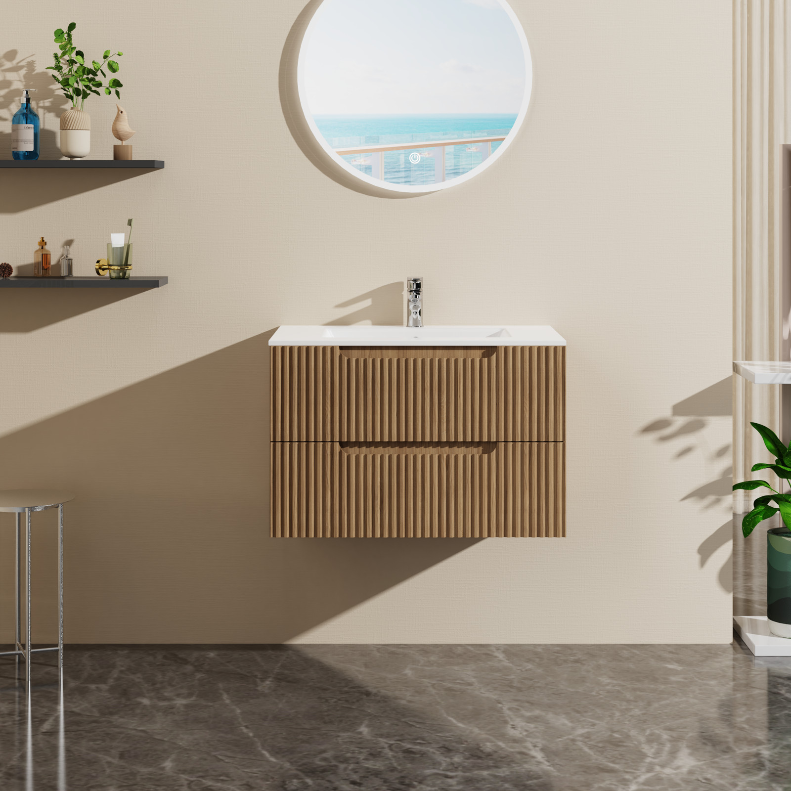 Wall Mounted Bathroom Vanity 30″W x 18.5″D x 19″H, Walnut, 2 Drawers, Soft-Close