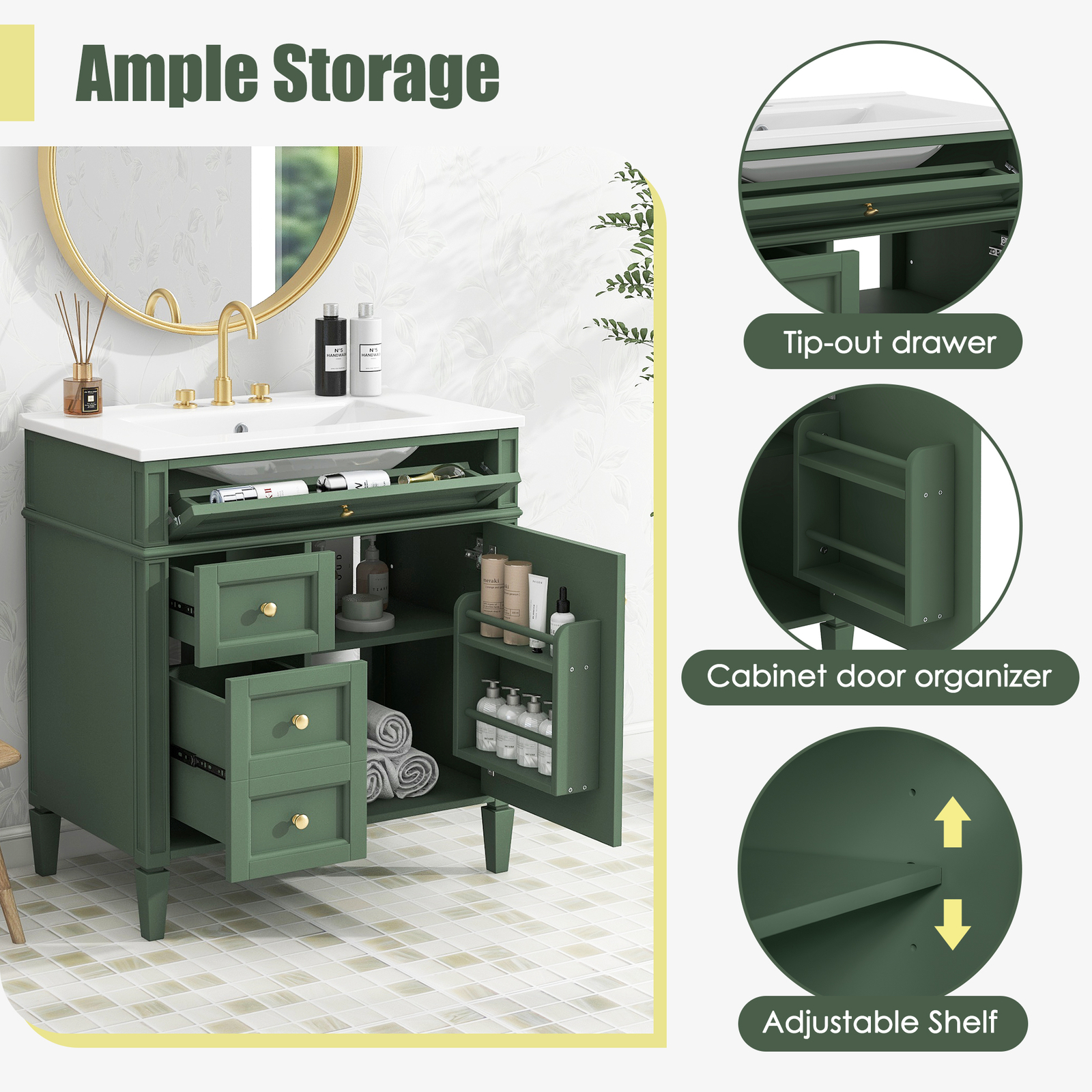 30” Bathroom Vanity with Top Ceramic Sink Modern Storage Cabinet with 2 Drawers