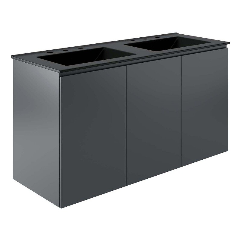 Modway Bryn 48″ Modern Wood/Ceramic Double Sink Bathroom Vanity in Gray/Black