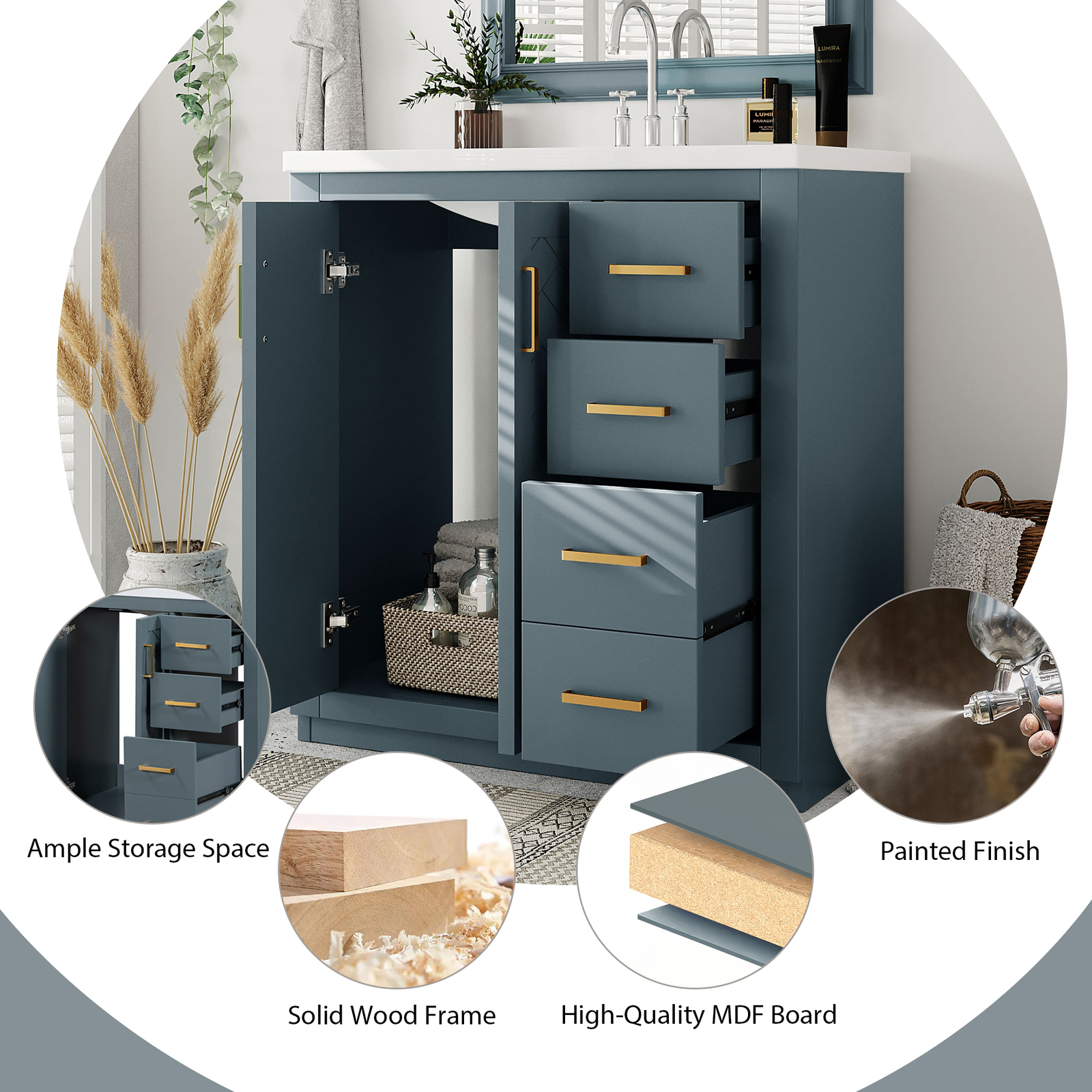 30″ Bathroom Vanity with Sink, Freestanding Vanity Storage Cabinet, 3 Drawers