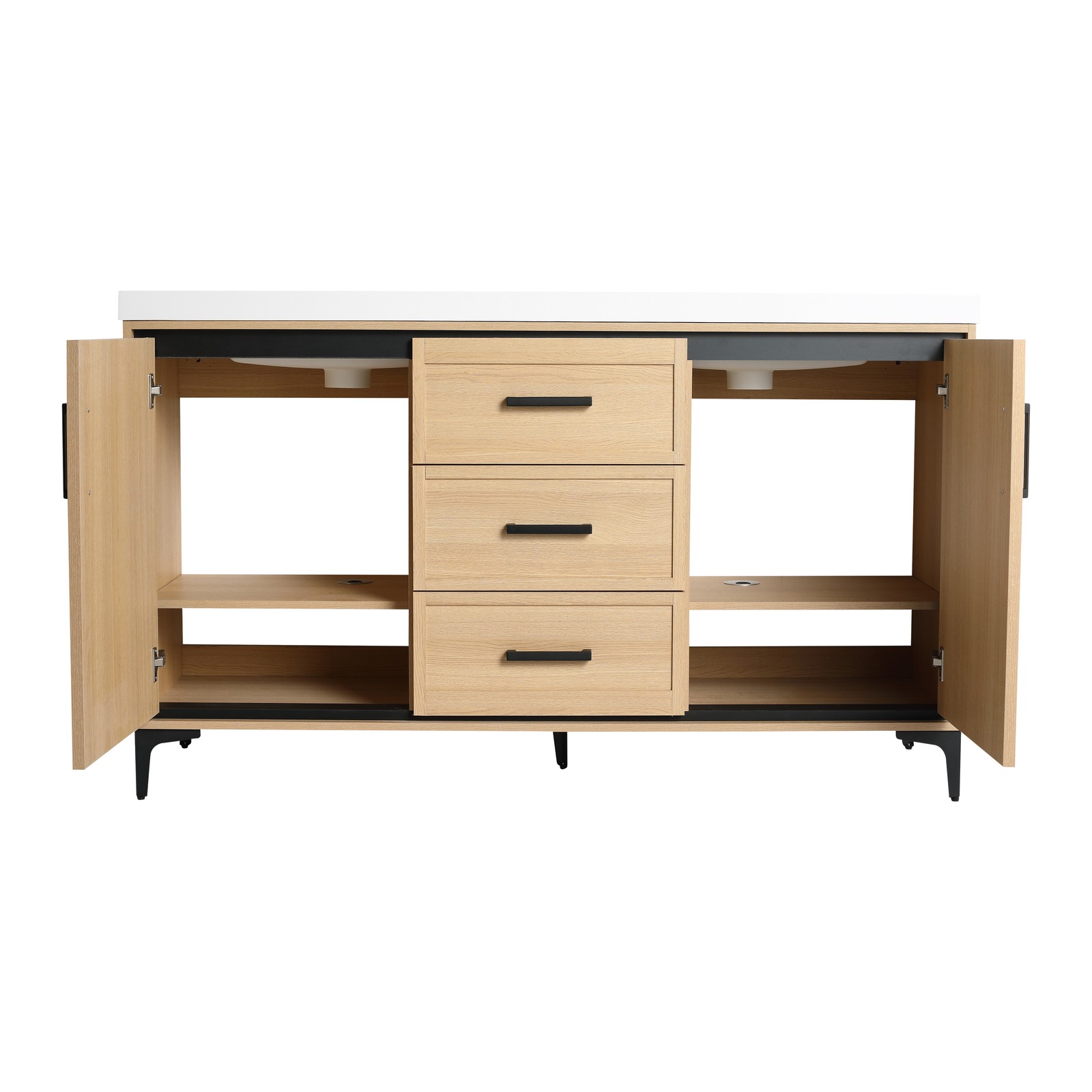 60 in Plywood Bathroom Vanity Freestanding W/Double Resin Sink +2 Doors 3Drawers