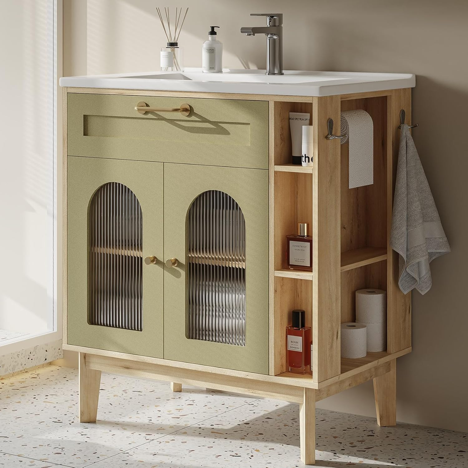 30″ Bathroom Vanity with Sink & Storage, Solid Wood Legs, Towel Bar Included