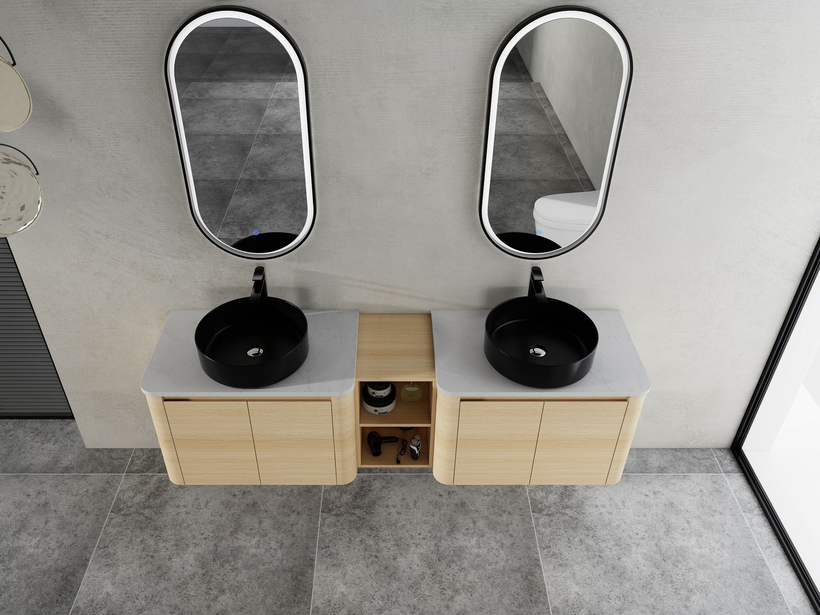 72 in Floating Bathroom Vanity Cabinet 2x Black Ceramic Sink Basin +Open Shelves