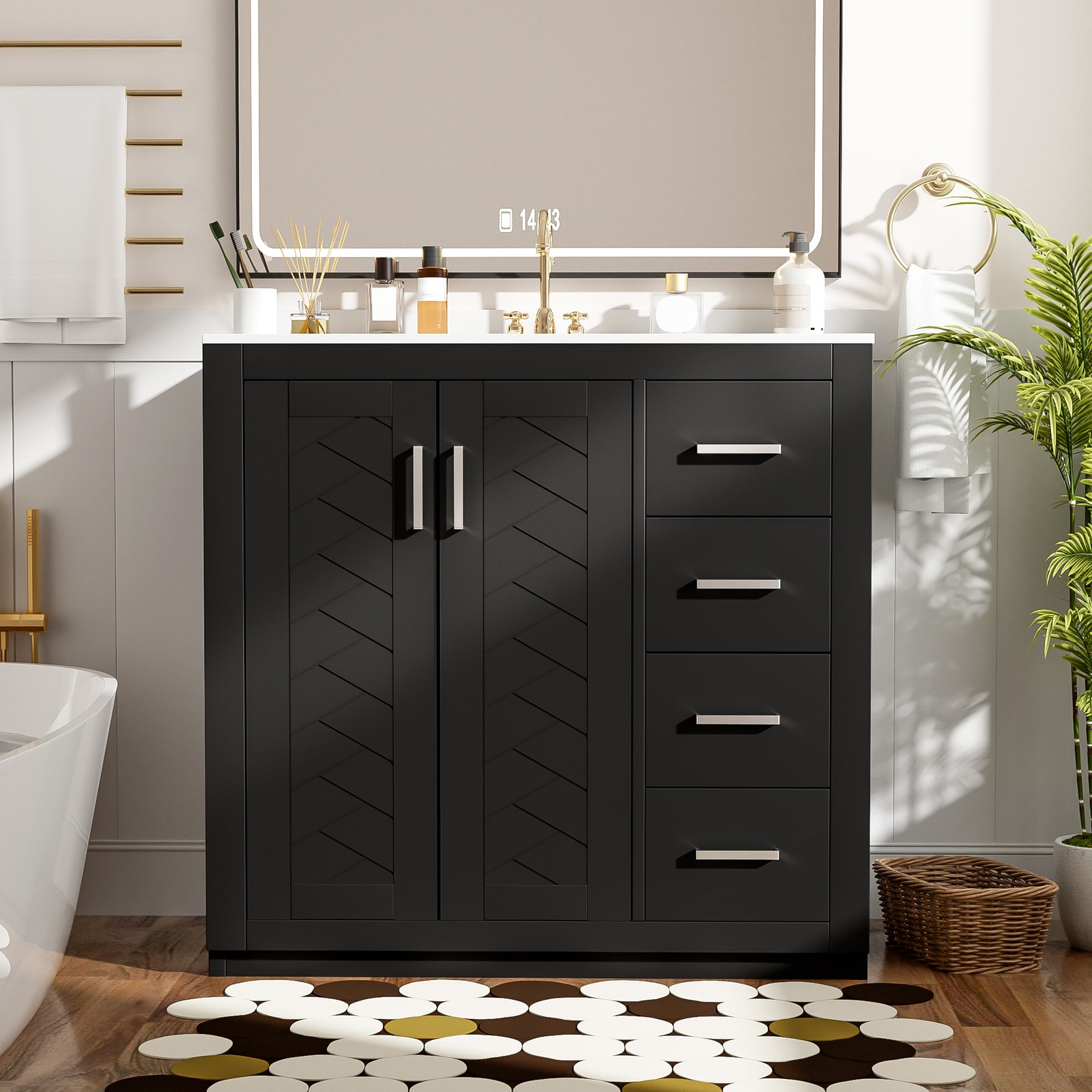36″ Bathroom Vanity with Ceramic Sink, Solid Wood Frame, 3 Drawers, Black