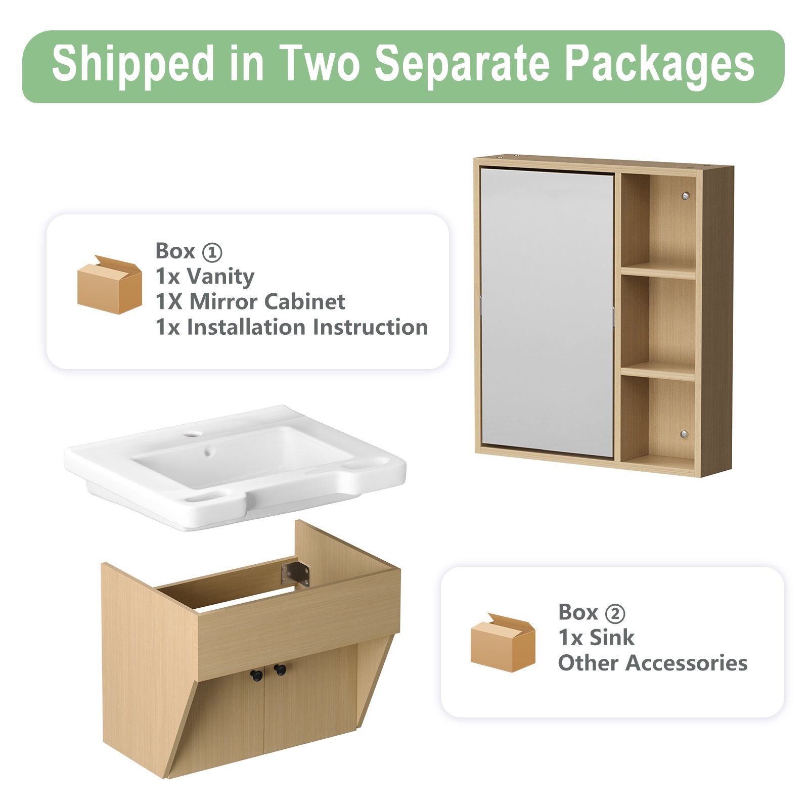 24″ Wall-Mount Small Bathroom Vanity w/ Sink Mirror Cabinet Combo for Elderly