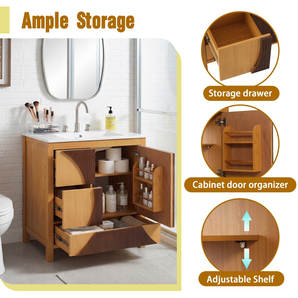 30 Inch Mid Century Freestanding Bathroom Vanity with Ceramic Sink Solid Wood