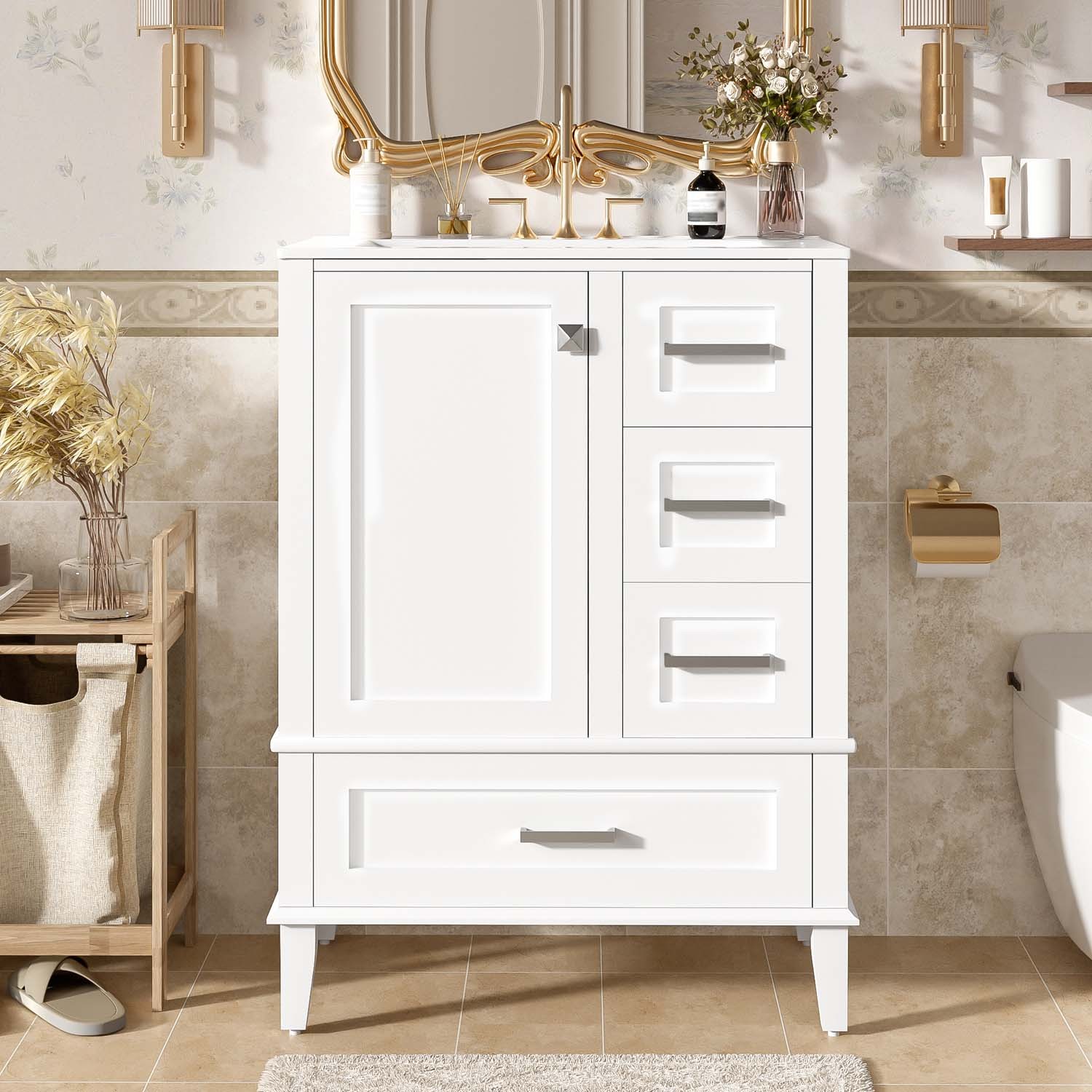 25″ Bathroom Vanity & Sink Freestanding Modern Cabinet Soft-Close Door 3 Drawers