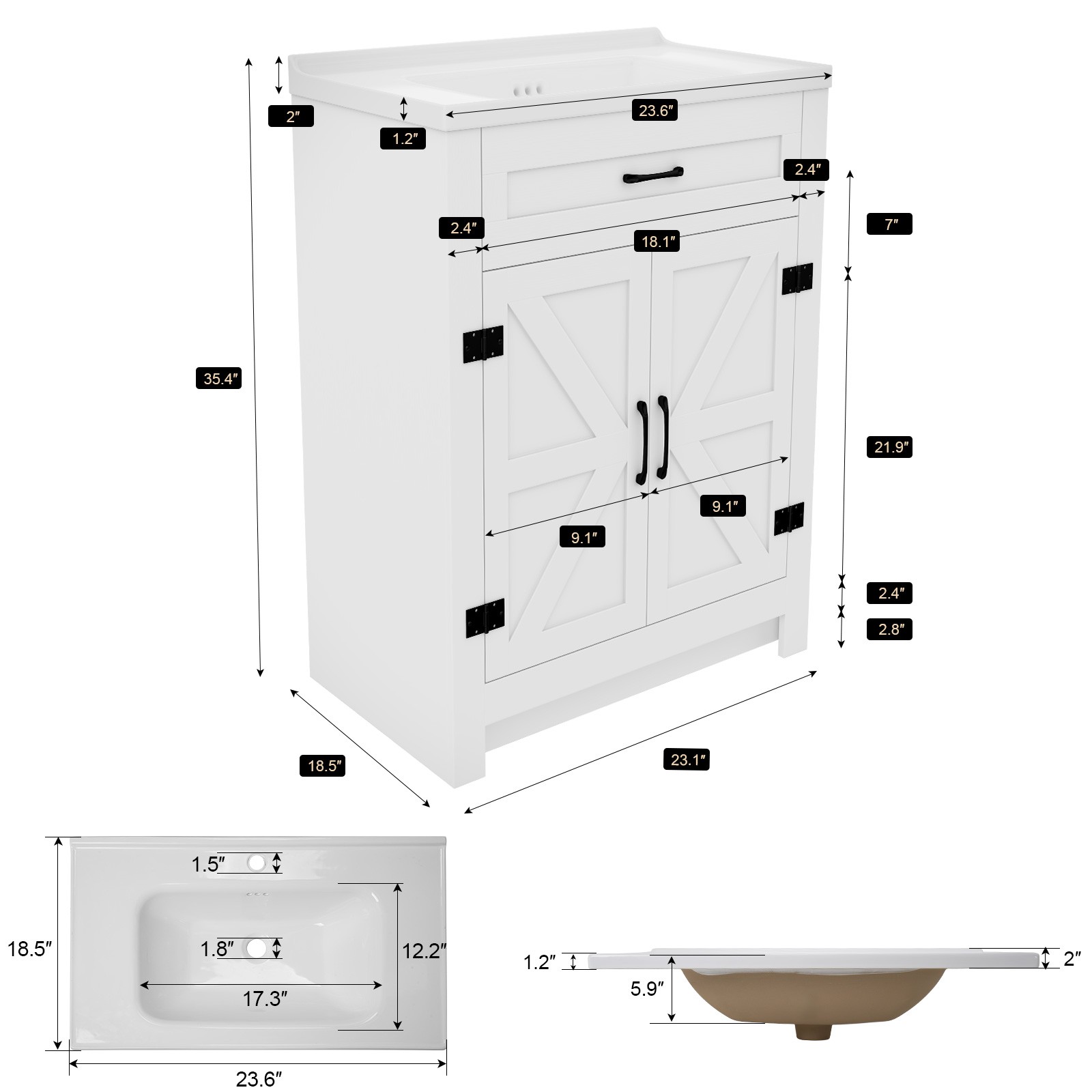 23″ Bathroom Vanity w/Ceramic Sink Modern Freestanding Vanity Cabinet w/2 Doors