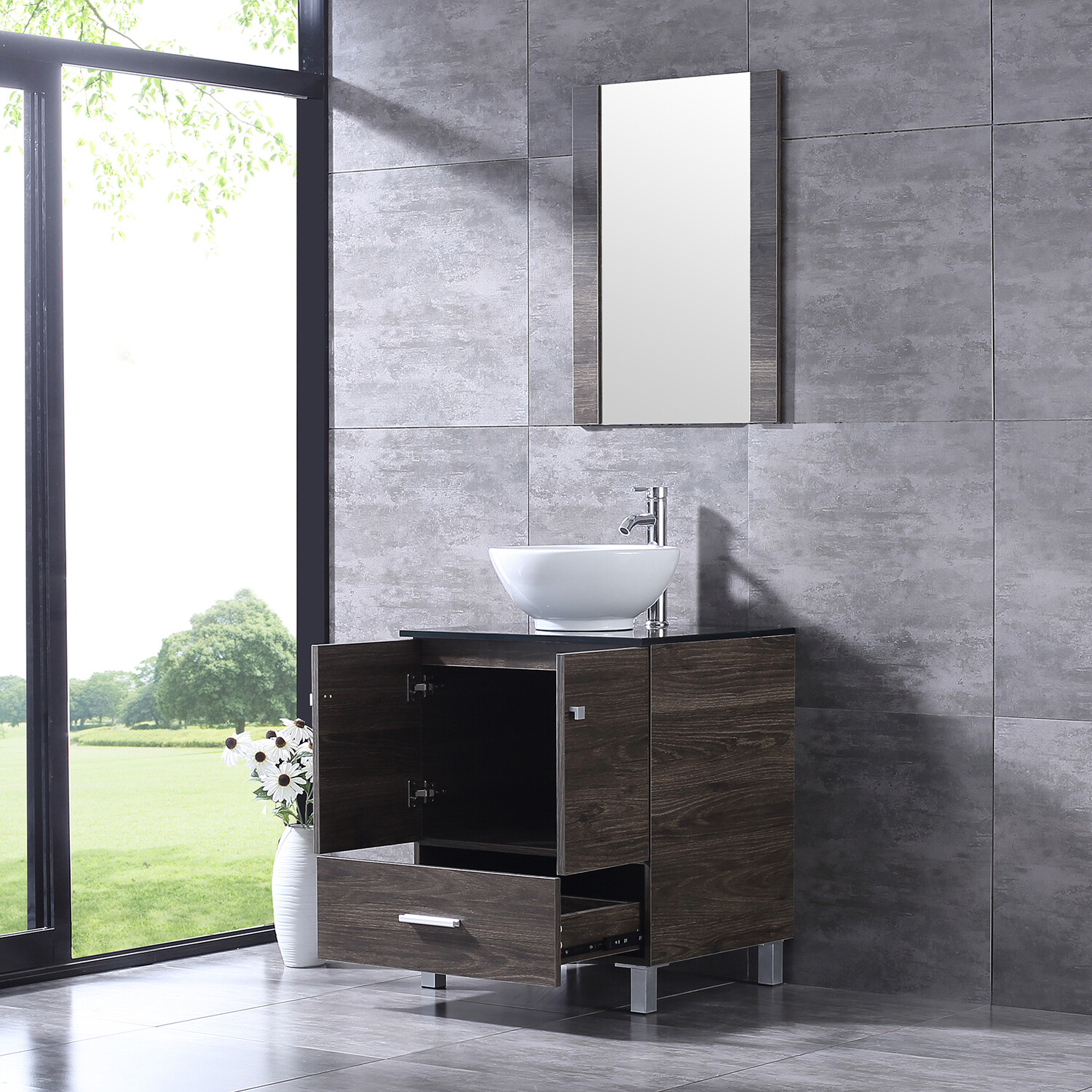 24″ Bathroom Vanity Wood Cabinet Ceramic Sink Brown Mirror Combo w/Faucet Drain