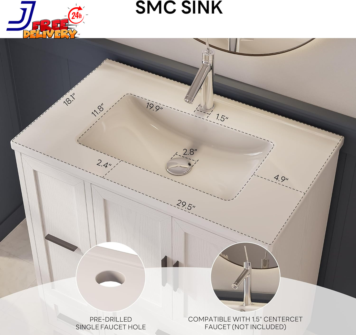 Modern 29.5″ Bathroom Vanity with Sink Hair Tool Drawer & Quick Assembly
