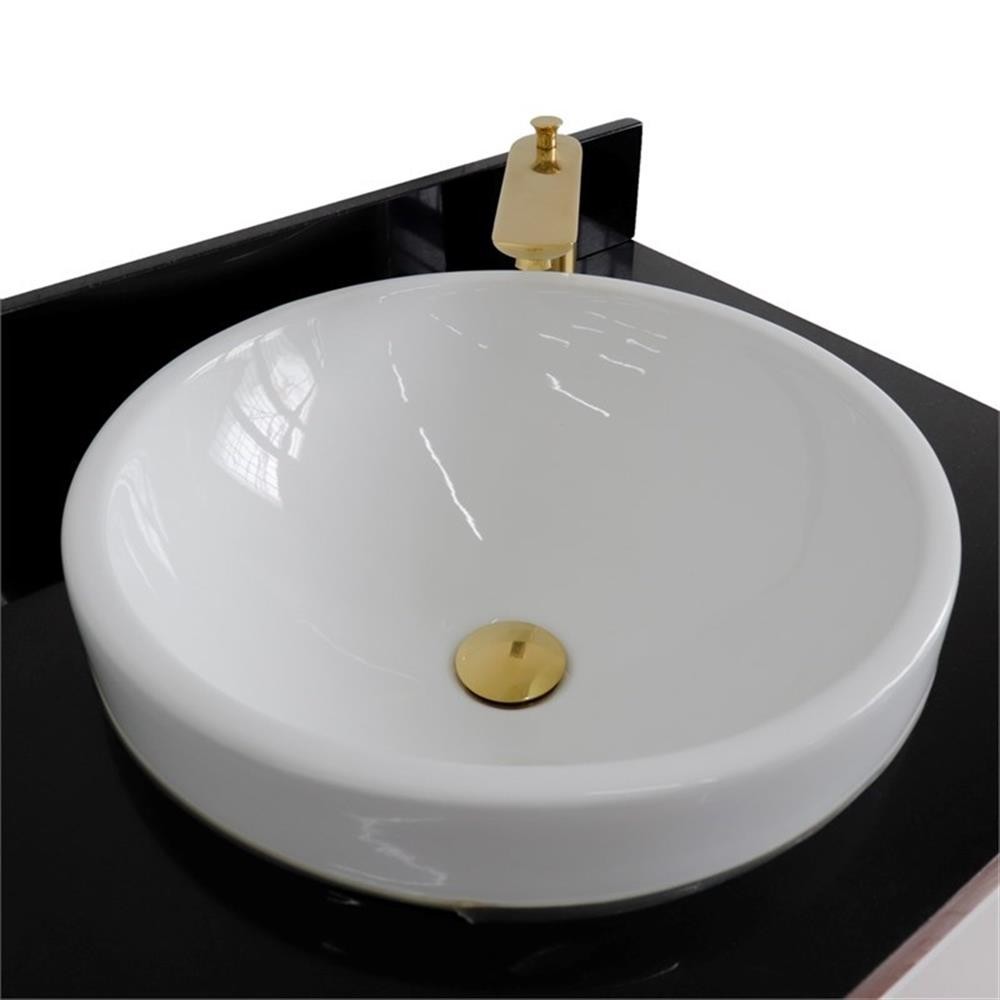 61 in. Double Wooden Vanity White Black Galaxy Granite Round Sink