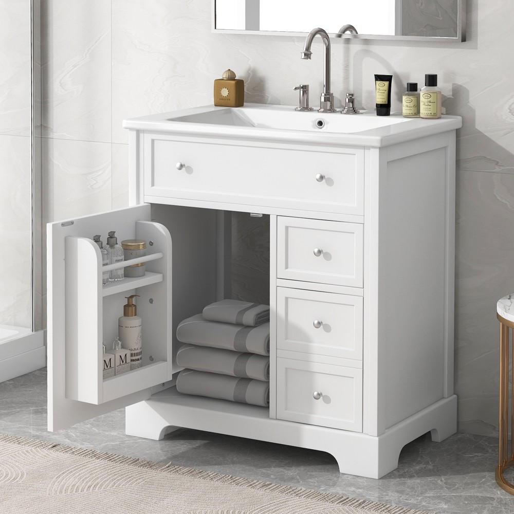 30 Inch White Bathroom Vanity with Ceramic Sink Top Solid Wood MDF Cabinet