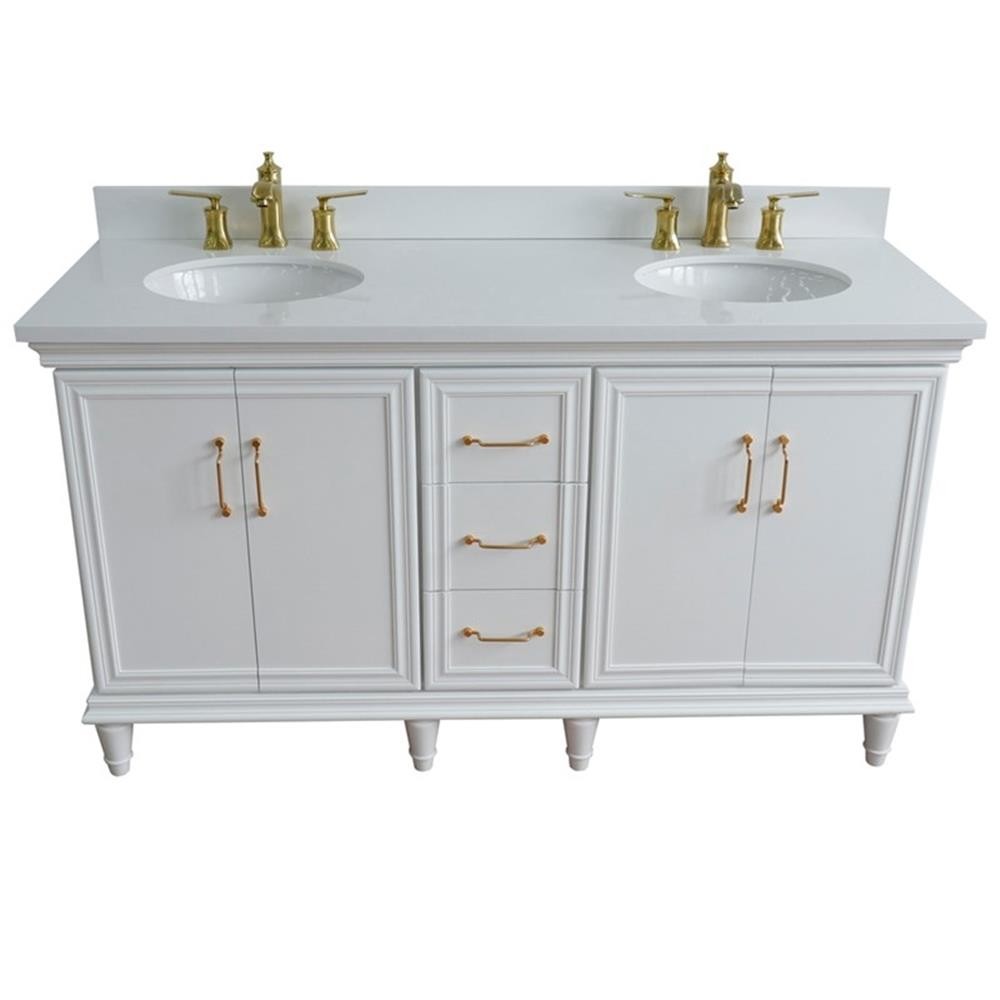 61 in. Double Wooden Vanity White White Quartz Oval Sink