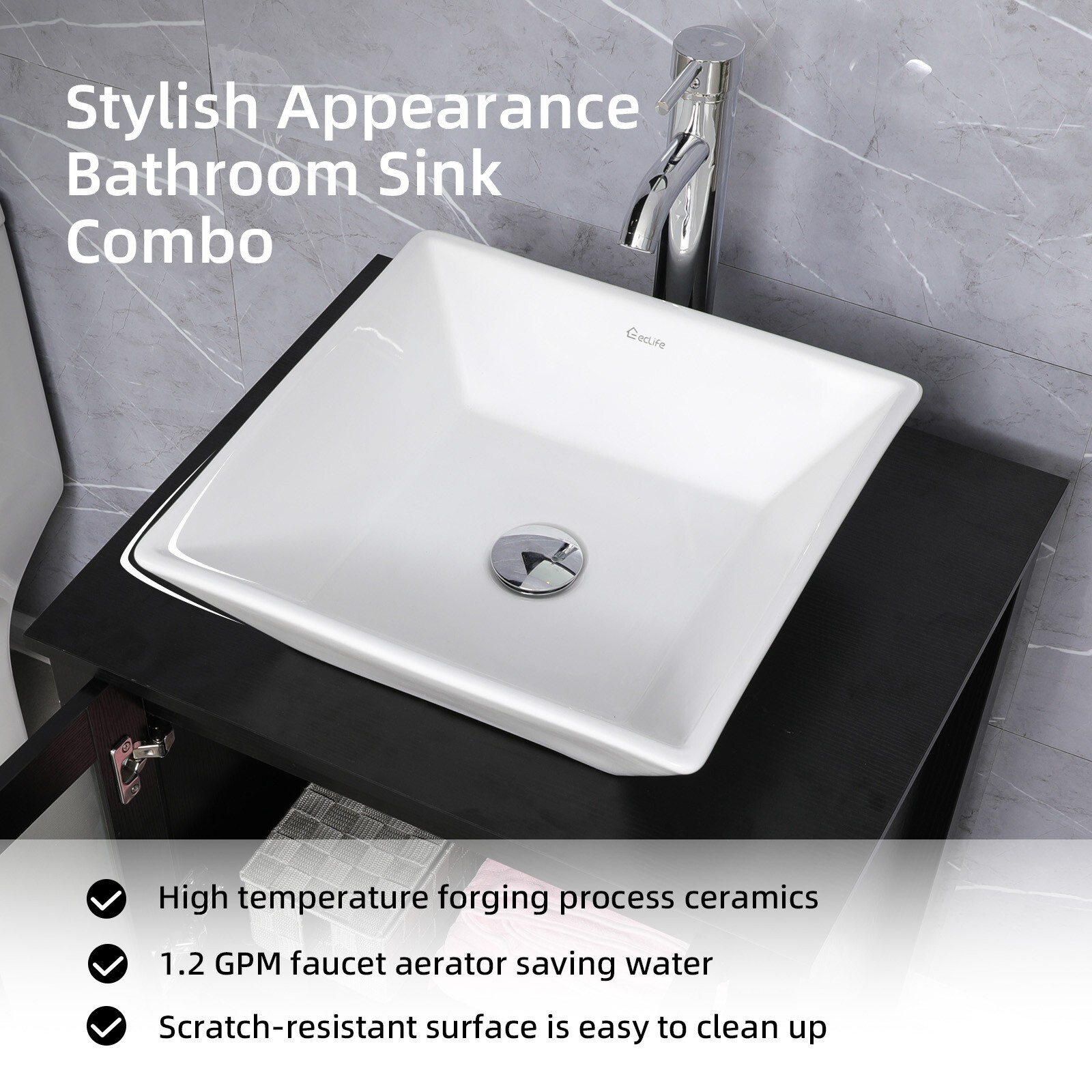 24″ Bathroom Vanity Set Black W/mirror & White Ceramic Sink Faucet Drain Combo