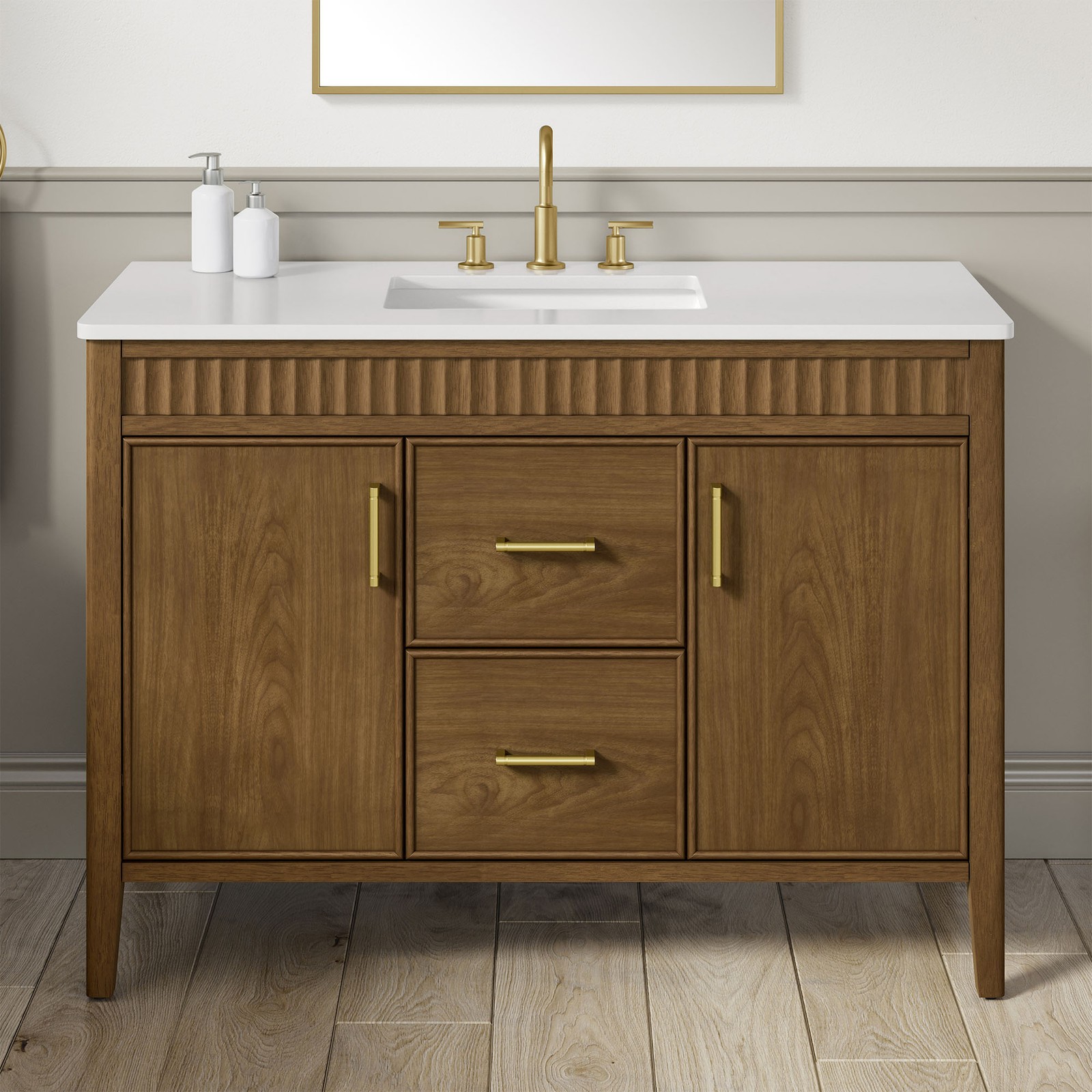 OVE Juliette 48 in. Warm Walnut Bathroom Vanity with White Quartz Brushed Gold