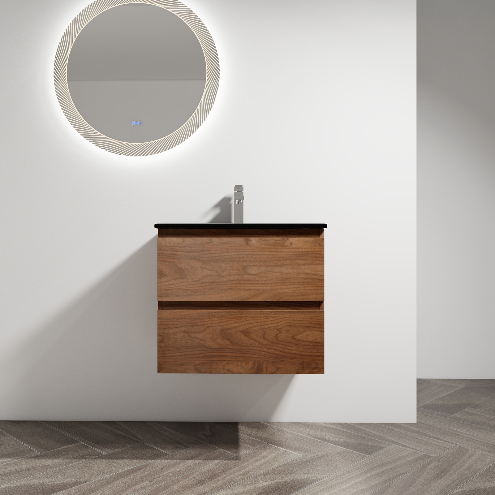 24in Wall Mounted Floating Cabinet Bathroom Vanity Cabinet 2 Drawers +Black Sink