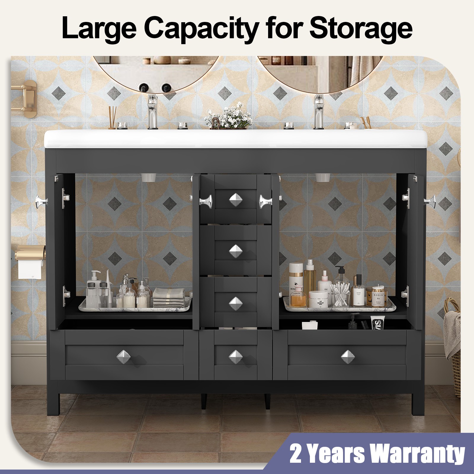 47″ Modern Freestanding Bathroom Vanity w/ Double Sink Ceramic Organizer Cabinet
